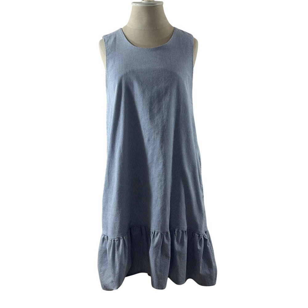 Mo:vint New York Blue Cotton White Striped Ruffle High-Low Shift Dress Womens S